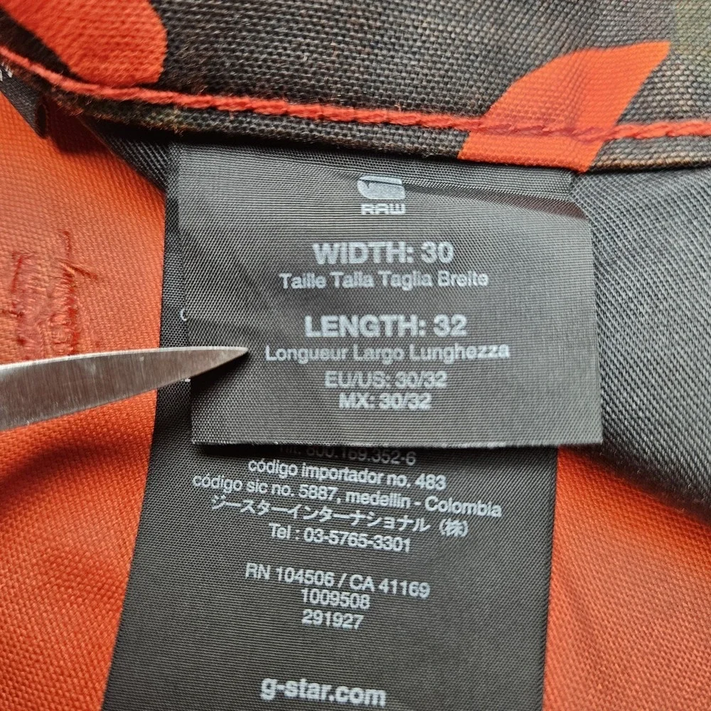 GStar Raw 5622 3D Jean 30 x 32 Tapered COJ Blaze Orange Black Camo Cotton Canvas